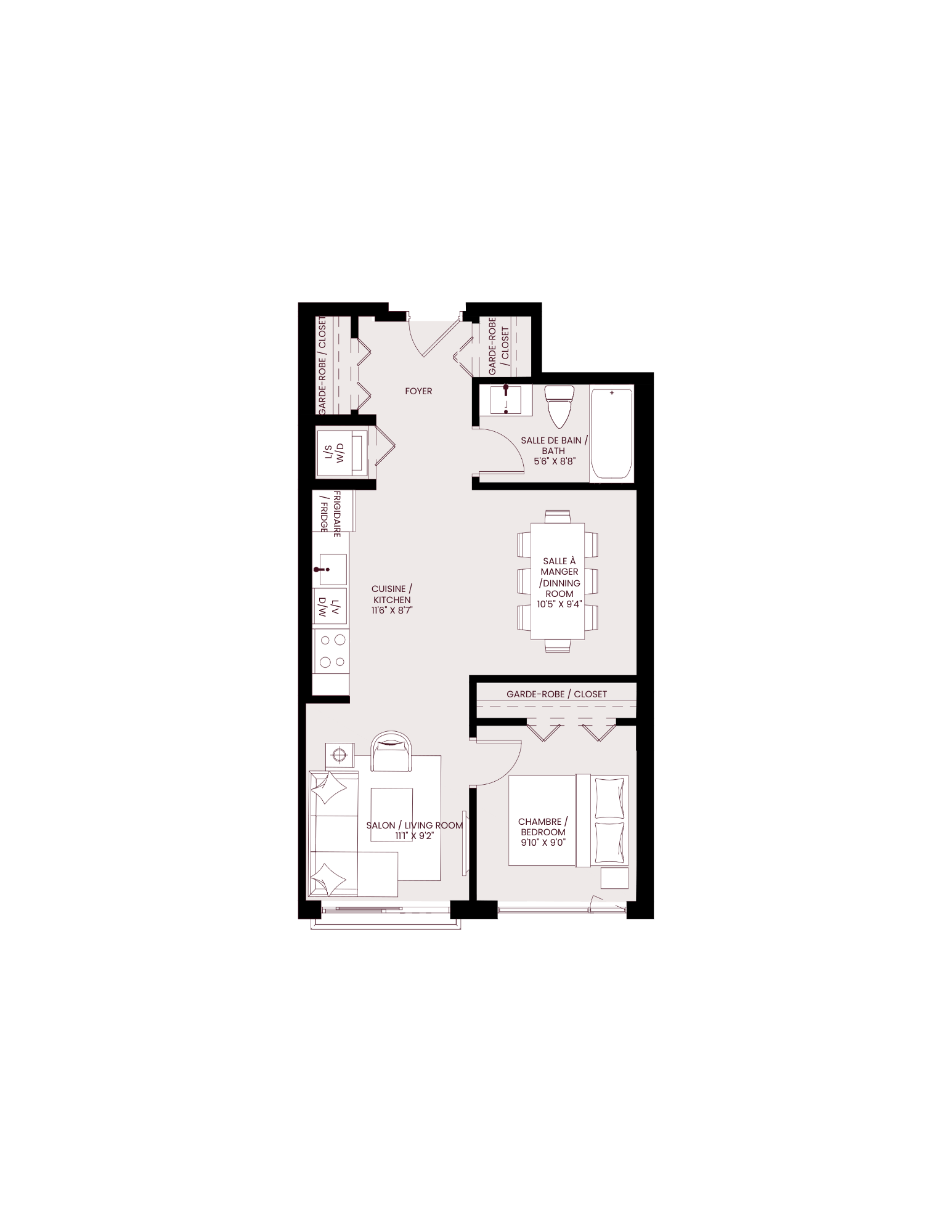 Floor plan for 1 bed, 1 bath, 645 sqft